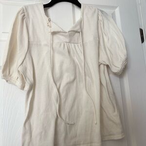 Cream Textured Blouse with Puff Sleeves and Tie Detail